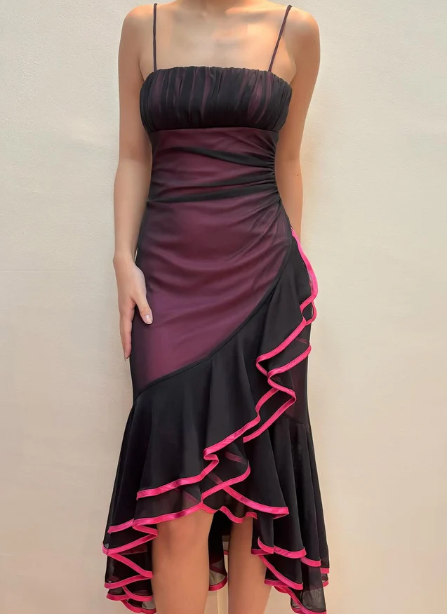 Vintage Straps Mermaid Ruffle Prom Dress Unique Chiffon Party Evening Gown - FashionDia