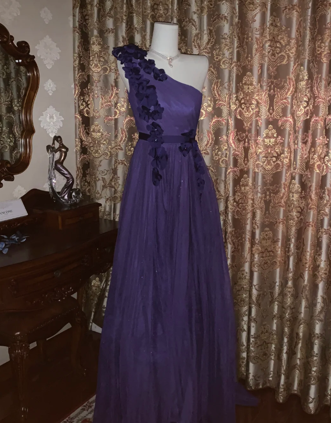 Elegant Purple One-Shoulder Tulle Appliques A-Line Wedding Guest Dress Long Party Dress - View 7 | FashionDia