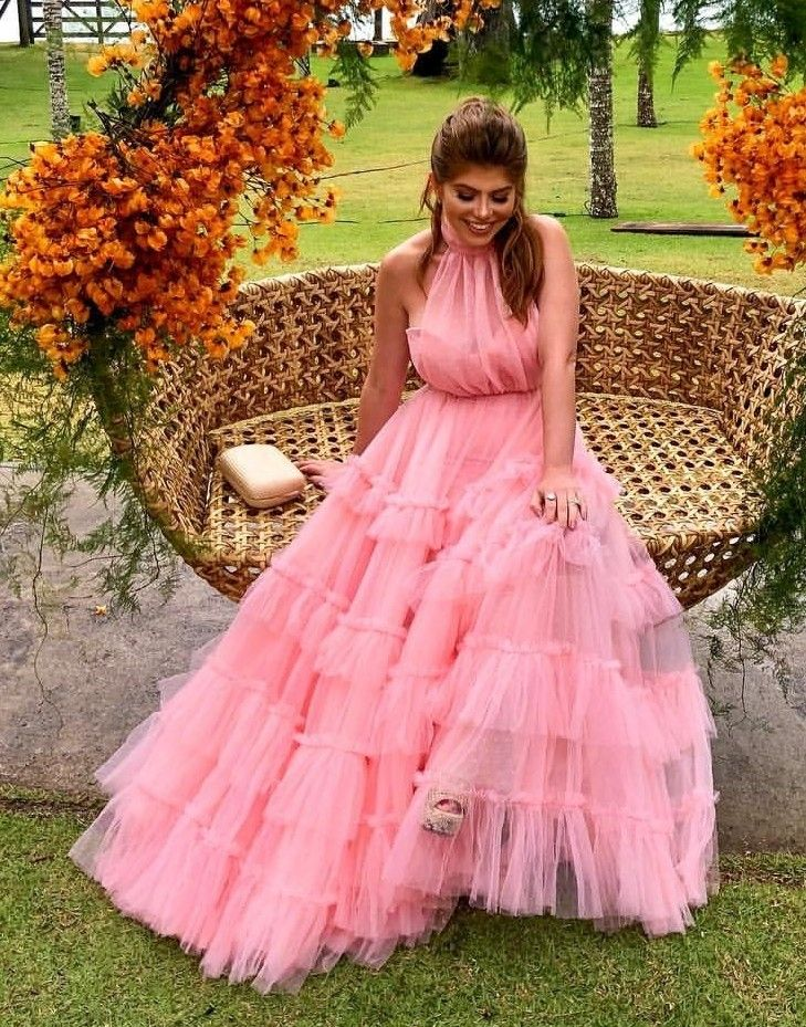 A Line Layered Pink Prom Dresses Long,Pink Formal Evening Dresses
