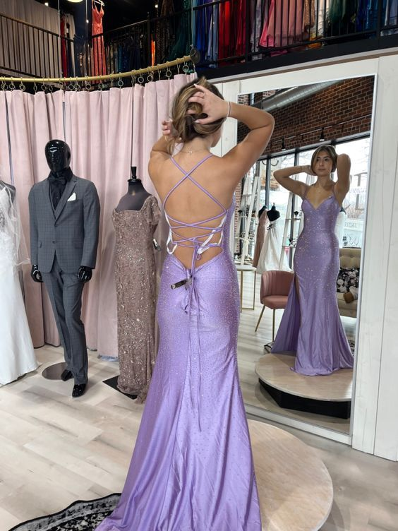 Charming Mermaid Straps Slit Beaded Backless Lilac Prom Dress - FashionDia