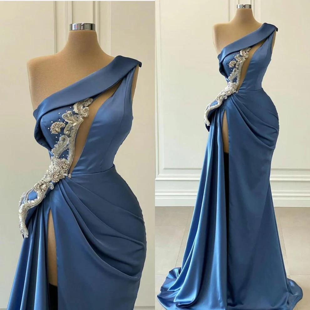 Blue Sexy Arabic Evening Gowns Robes Party Dress Mermaid One-Shoulder High Side Split Satin Beads Prom Dresses - FashionDia