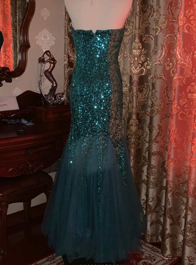 Vintage Strapless Green Tulle Sequin Mermaid Evening Dress Long Wedding Guest Dress Party Gown - View 8 | FashionDia