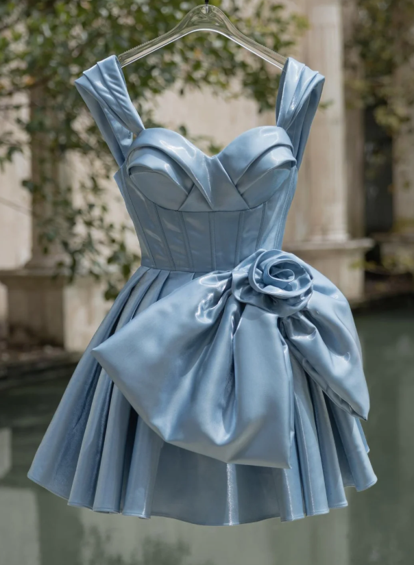 Classy Blue Satin A Line Short Homecoming Dress Birthday Outfits With Bow
