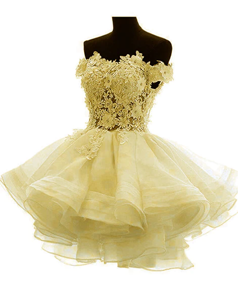 White sweetheart lace applique short cute white homecoming dress Off-the-Shoulder Organza Short Lace Applique Teen Formal Dress - View 5 | FashionDia