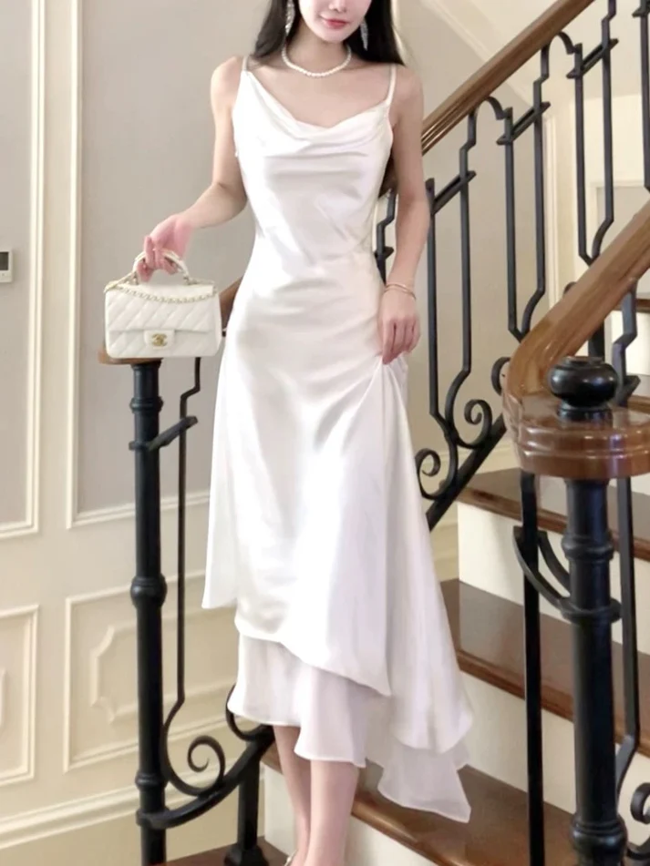 White Satin Ruffle Prom Dress Fairy A-Line Wedding Dress - FashionDia