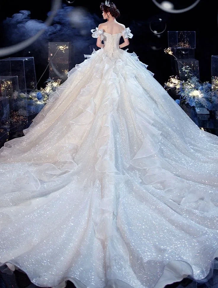 Fairy Romantic Off Shoulder White Wedding Dress Sweep Train (ZD13710)