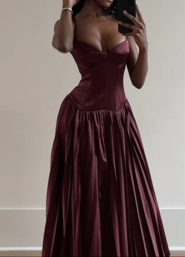 Burgundy Straps Long A-Line Evening & Prom Dress - FashionDia
