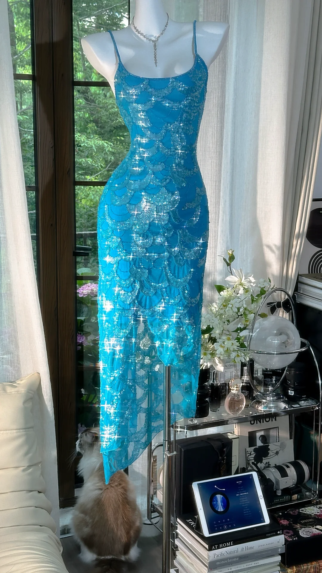 Gorgeous Spaghetti Straps Blue Chiffon Sequin Mermaid Party Dress Long Birthday Prom Gown - View 2 | FashionDia
