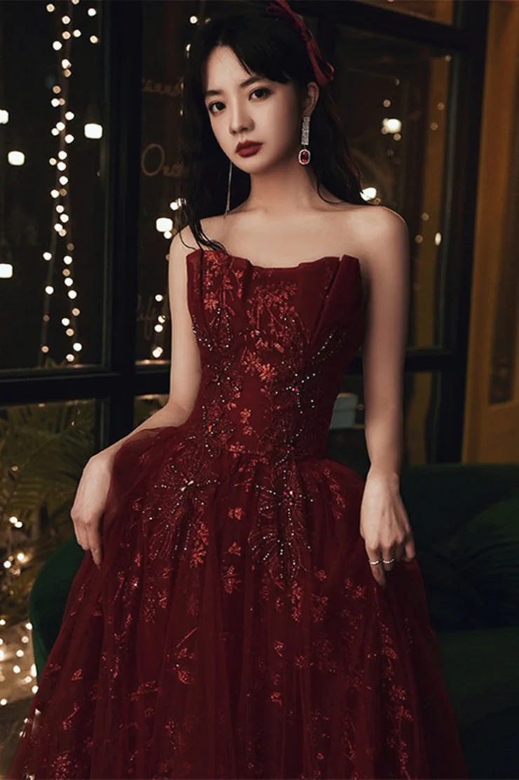 Wine Red Floral Lace and Tulle Long Evening Gown Party Dress Burgundy Formal Dresses Y1661 - View 2 | VelvetHem
