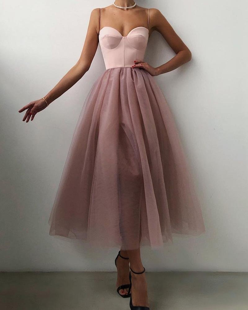 Spaghetti Strap Plain Sheer Evening Dress Simple Tulle Party Dress - FashionDia