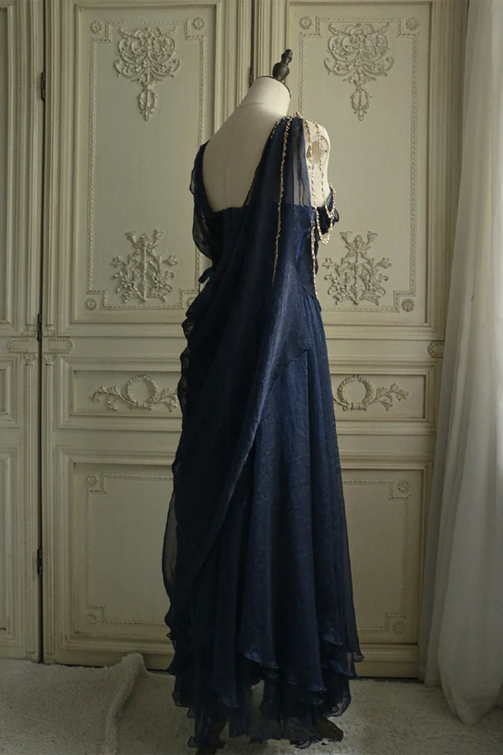 Vintage Navy Blue Chiffon A Line Prom Dress Evening Dress Y8292 - View 3 | VelvetHem