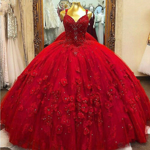 Red V-Neck Quinceanera Dresses Spaghetti Straps Beads Flower Sweet 15 Party Gown - FashionDia