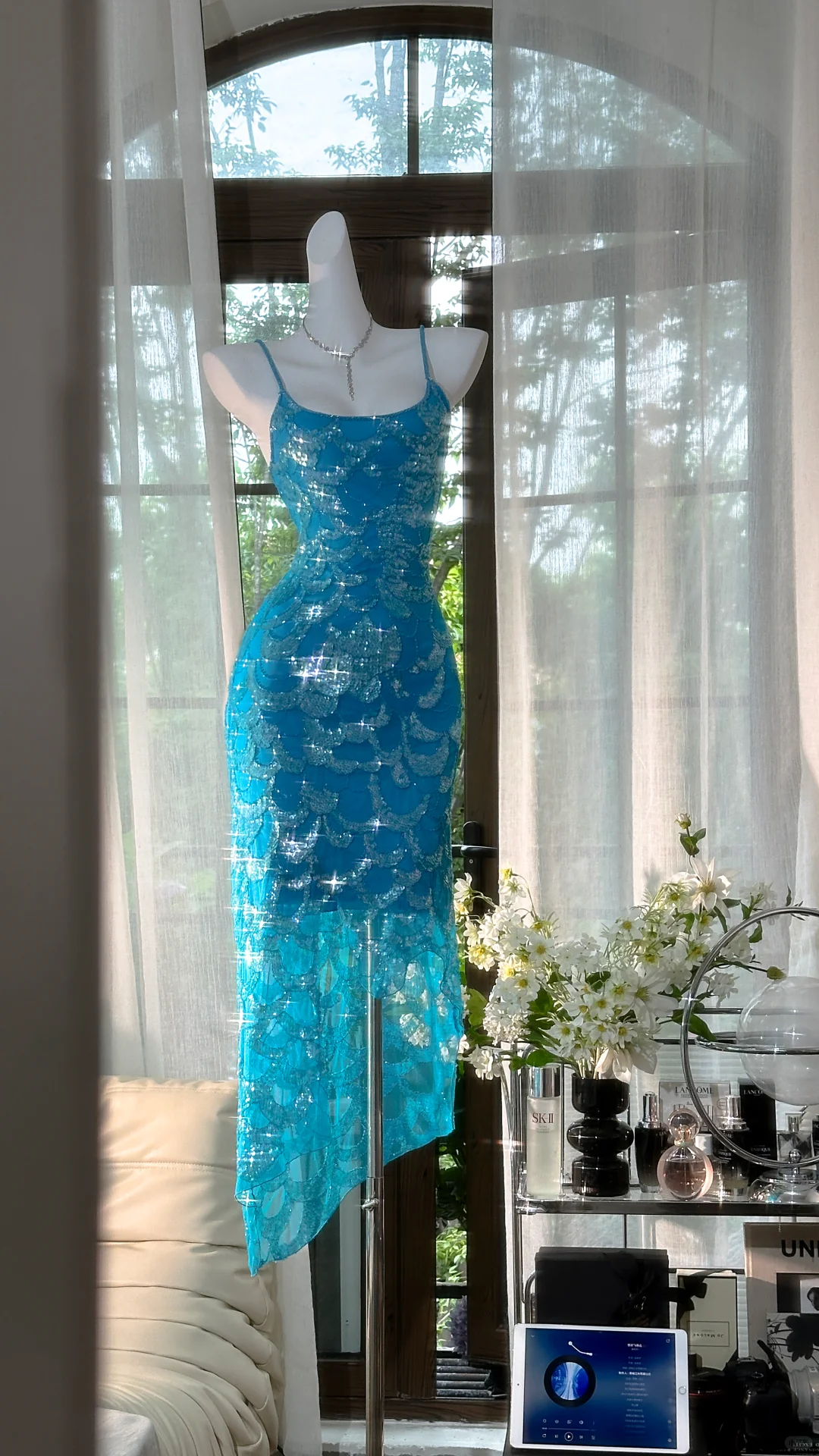 Gorgeous Spaghetti Straps Blue Chiffon Sequin Mermaid Party Dress Long Birthday Prom Gown - FashionDia
