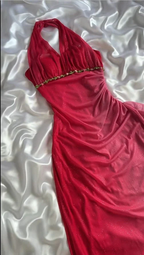 Classy Ombre Pink Halter Chiffon Ruffles Sheath Party Dress Glitter Long Prom Dress - View 2 | FashionDia