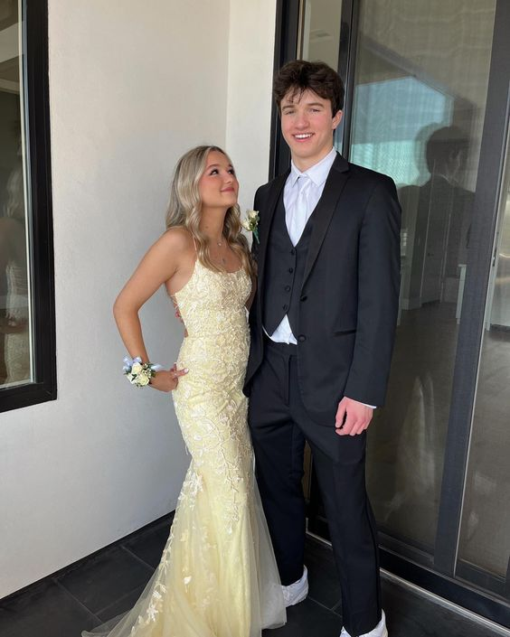 Sexy Yellow Lace/Tulle Long Prom Dresses,Evening Dresses,Winter Formal Dresses