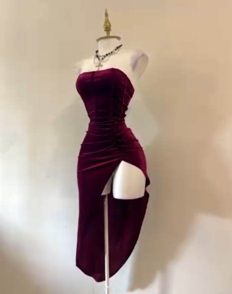 Sexy Strapless Slit Party Dress Burgundy Birthday Dress