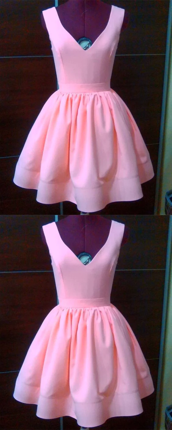 A-Line V-Neck cute homecoming dresses, short pink homecoming dresses - FashionDia