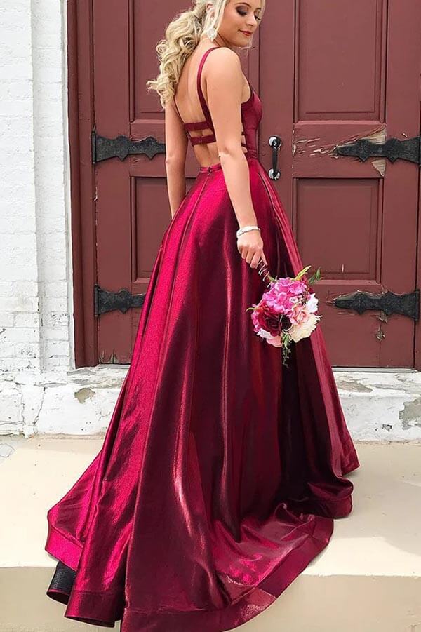 Taffeta A-line Scoop Spaghetti Straps Long Prom Dresses With Pockets - View 2 | VelvetHem