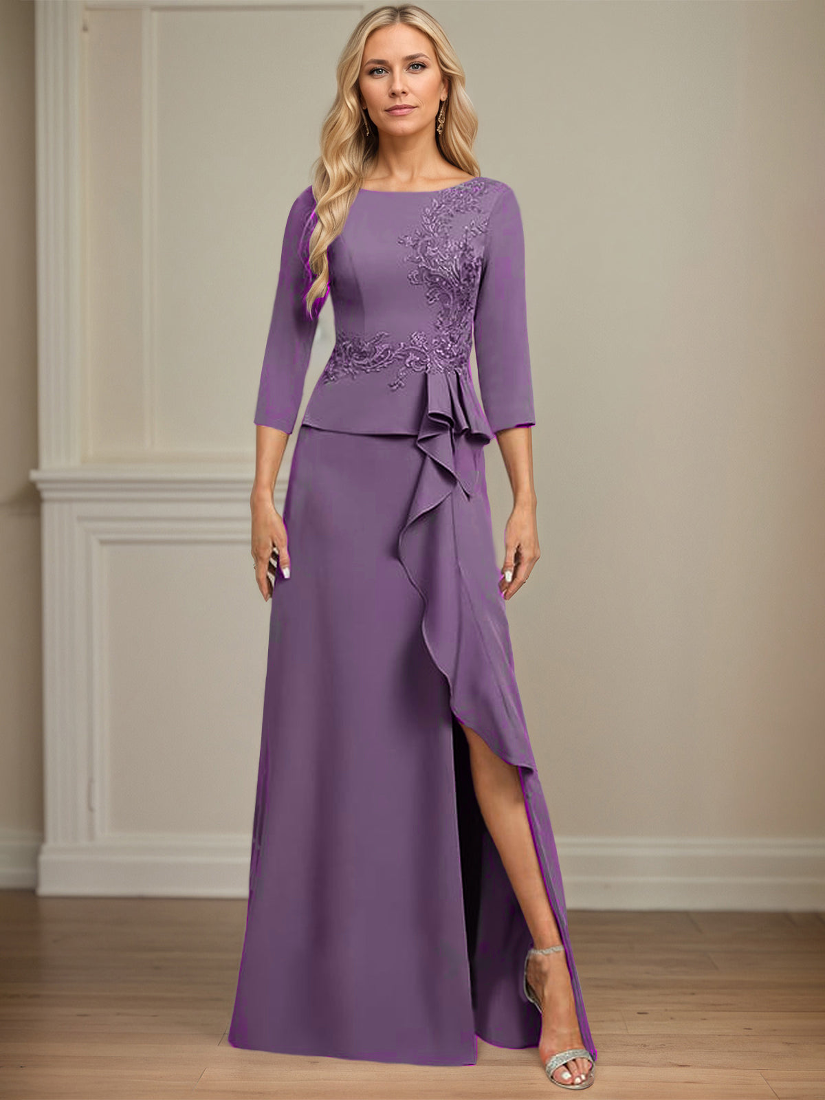 Sheath/Column Scoop Floor-Length Stretch Crepe Dress With Cascading Ruffles Appliques