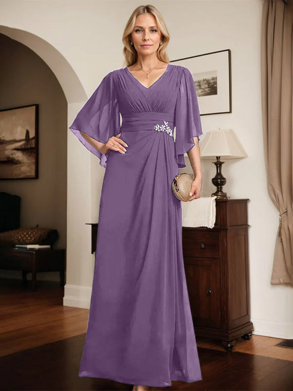 Sheath/Column V-Neck Floor-Length Chiffon Mother of the Bride Dress With Pleated Sequins Beading