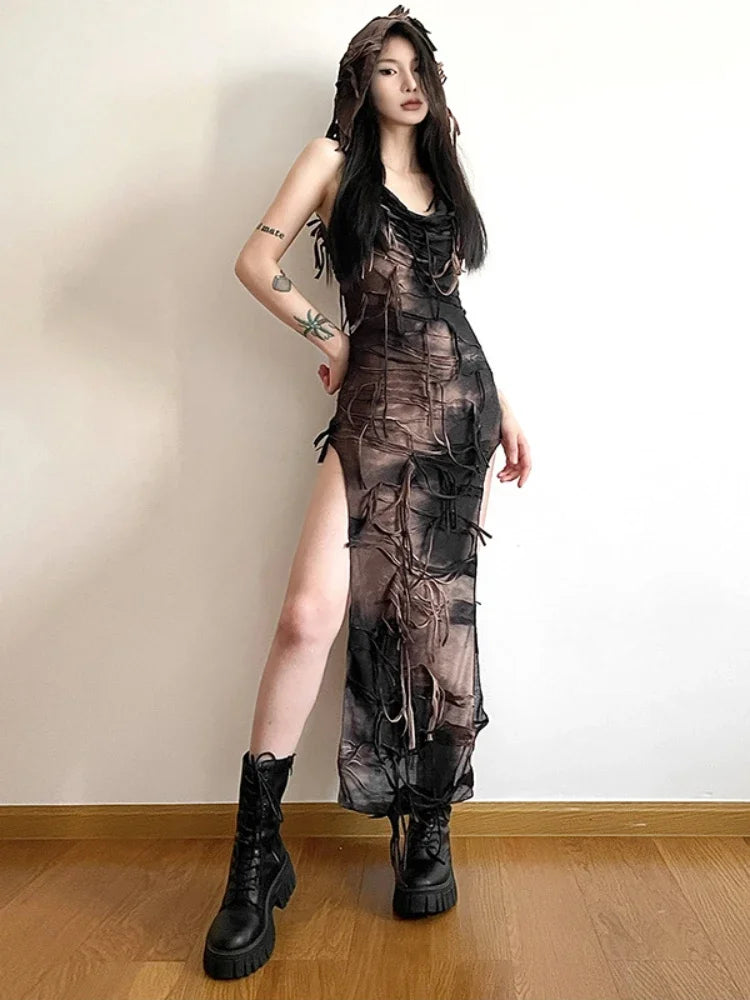 Tassel Vintage Gothic Hooded Midi Dress Fairy Grunge Y2K High Split Sleeveless Tie Dye Dress - VelvetHem
