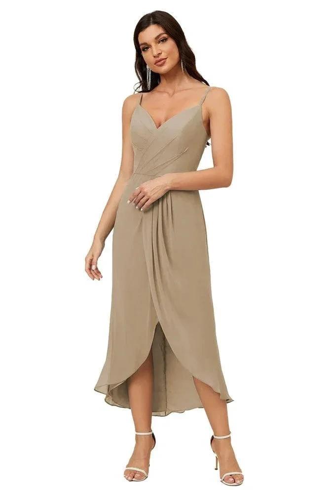 Numbersea Spaghetti Chiffon V Neck Bridesmaid Dress Mid-Length Slit Formal Prom Dress Homecoming Dress 2803 by numbersea