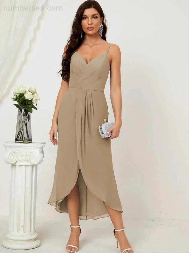 ZapDress Spaghetti Chiffon V Neck Bridesmaid Dress Mid-Length Slit Formal Prom Dress Homecoming Dress 2803 (ZD16952)