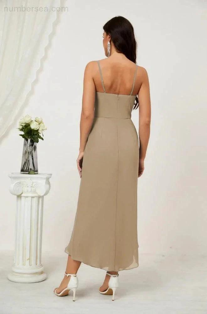 ZapDress Spaghetti Chiffon V Neck Bridesmaid Dress Mid-Length Slit Formal Prom Dress Homecoming Dress 2803 (ZD16952)