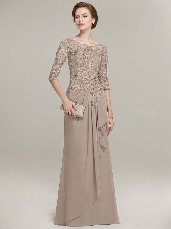 A-line Scoop Illusion Floor-Length Lace Chiffon Mother of the Bride Dress With Cascading Ruffles