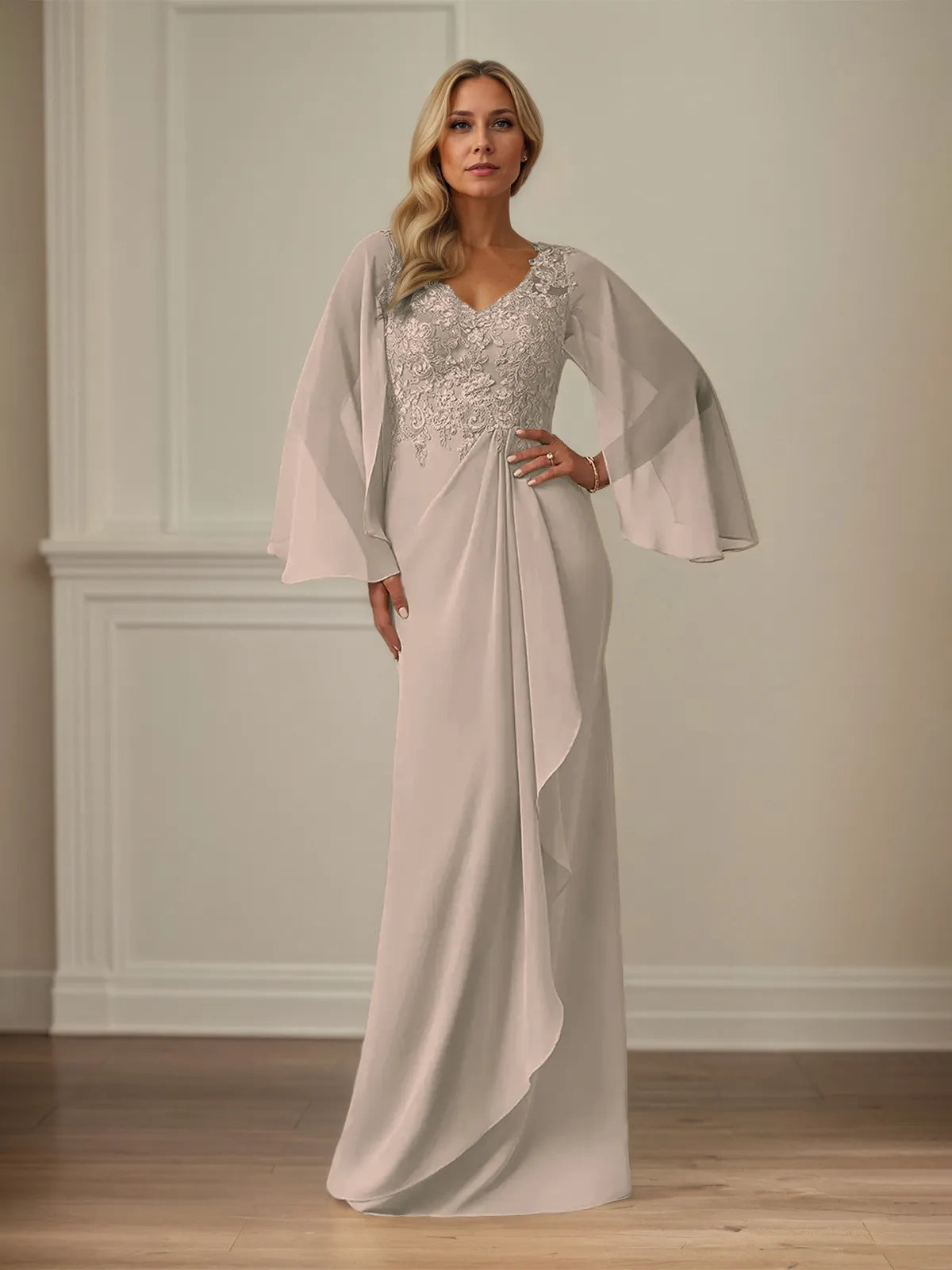 Sheath/Column Chiffon V Neck Long Sleeves Floor Length Mother of the Bride Dresses With Appliques