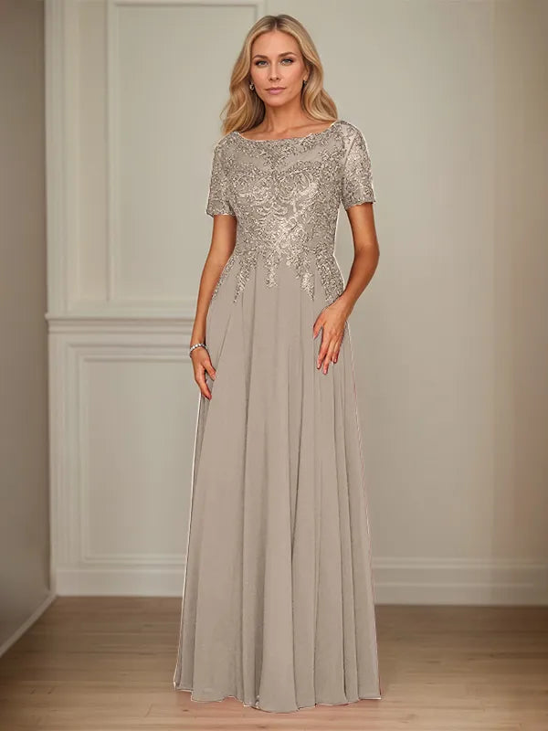 A-Line Chiffon Boat Neck Short Sleeves Floor-Length Mother of the Bride Dresses