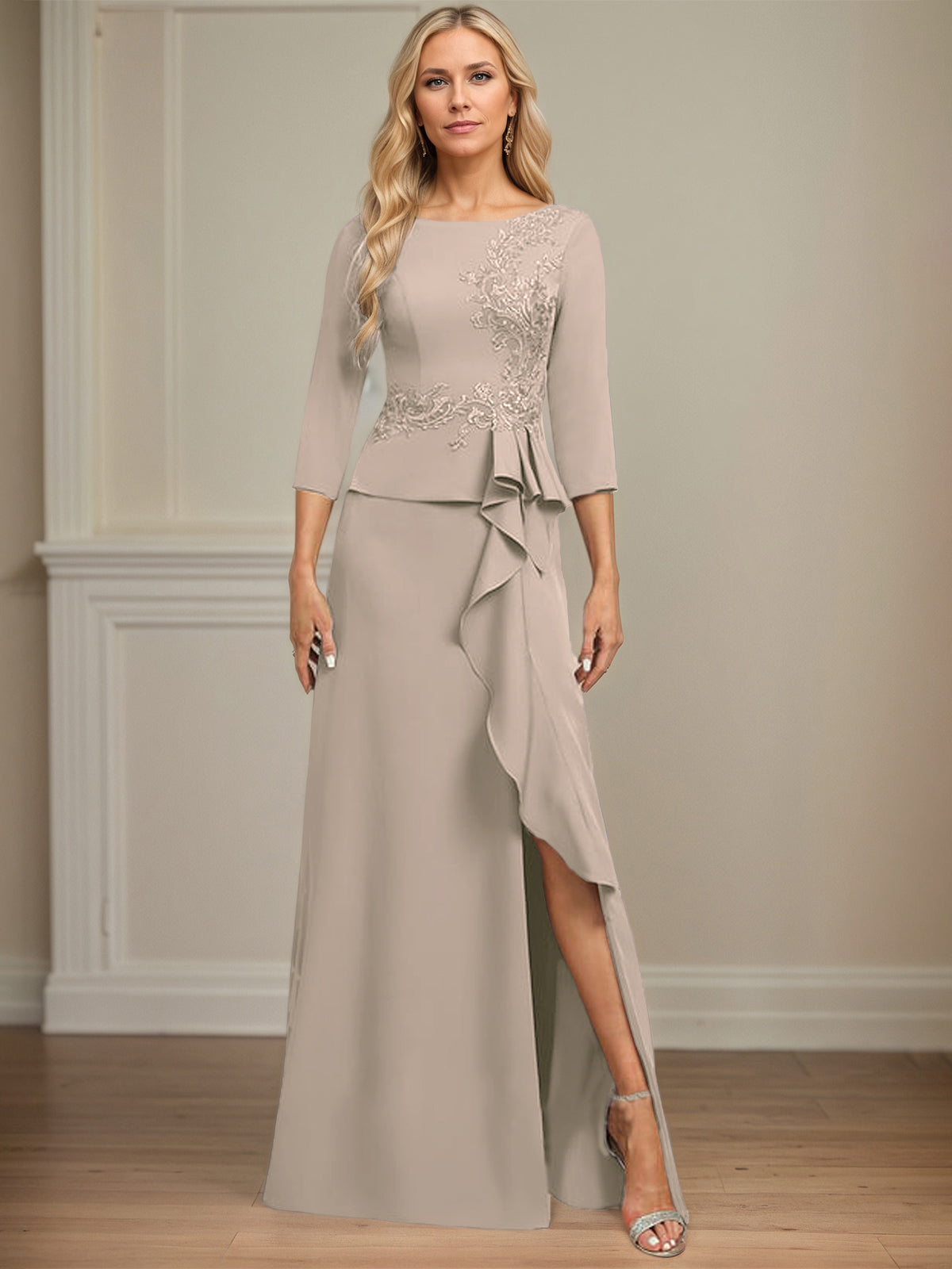 Sheath/Column Scoop Floor-Length Stretch Crepe Dress With Cascading Ruffles Appliques
