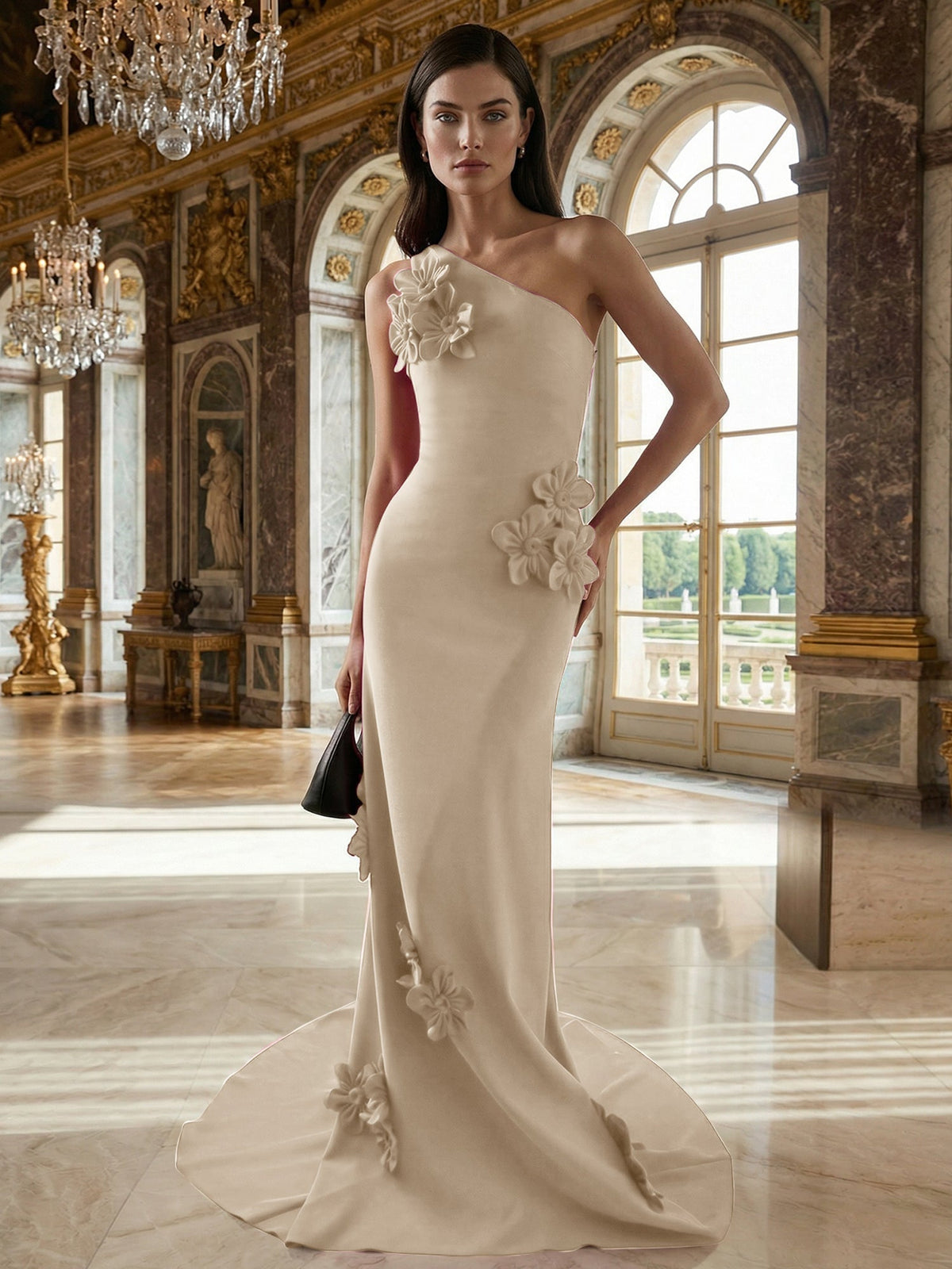 A-Line One-Shoulder Sleeveless Floor-Length Stretch Crepe Dress With 3D Flowers