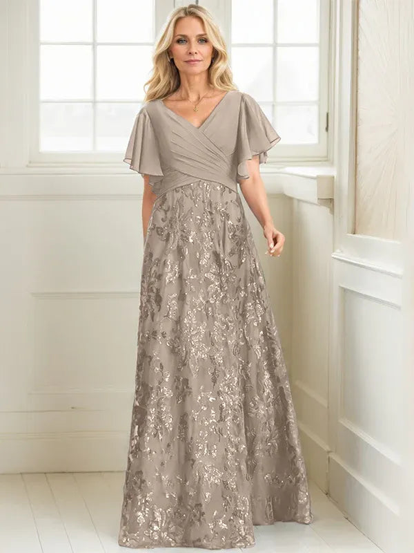 A-line V-Neck Floor-Length Lace Sequin Chiffon Mother of the Bride Dress With Pleated