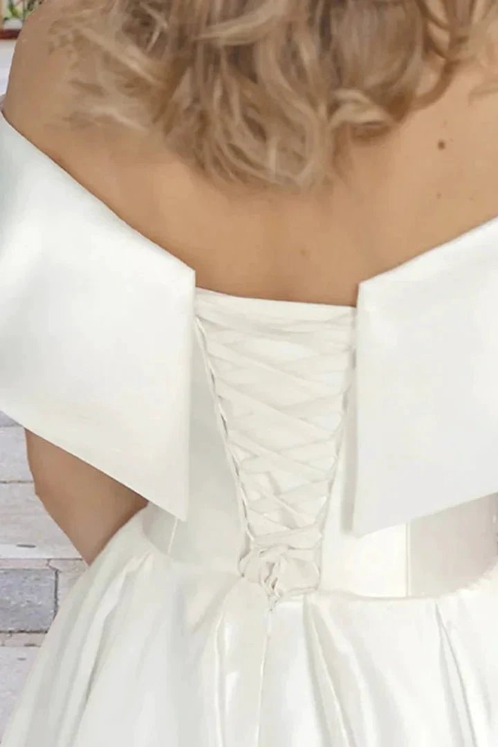 Tea Length Off The Shoulder Beach Satin Wedding Dress with Pockets (ZD16143)