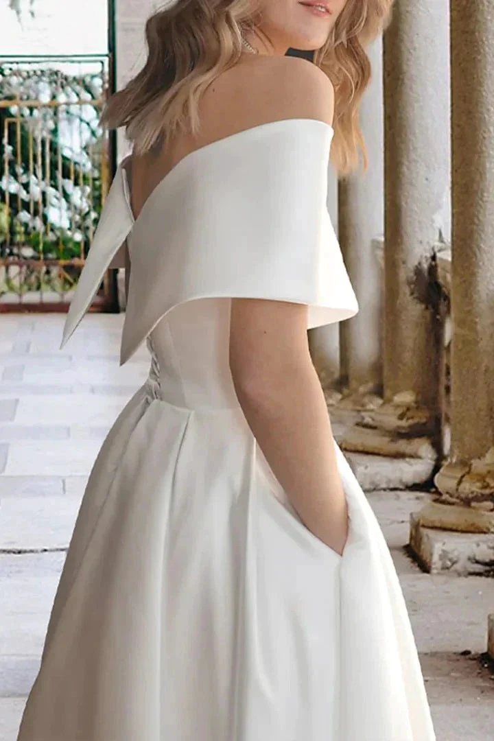Tea Length Off The Shoulder Beach Satin Wedding Dress with Pockets (ZD16143)