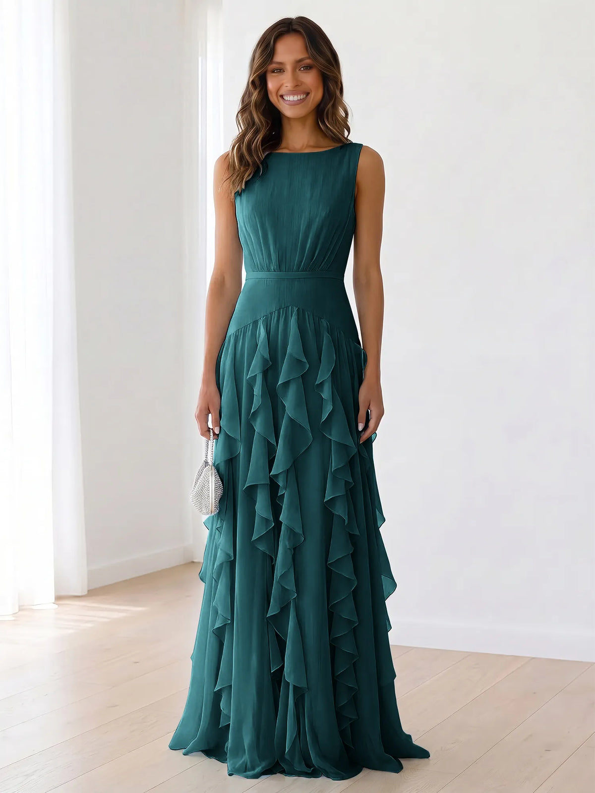 Sleeveless Tiered Chiffon Maxi Evening Gown with Ruched Bodice