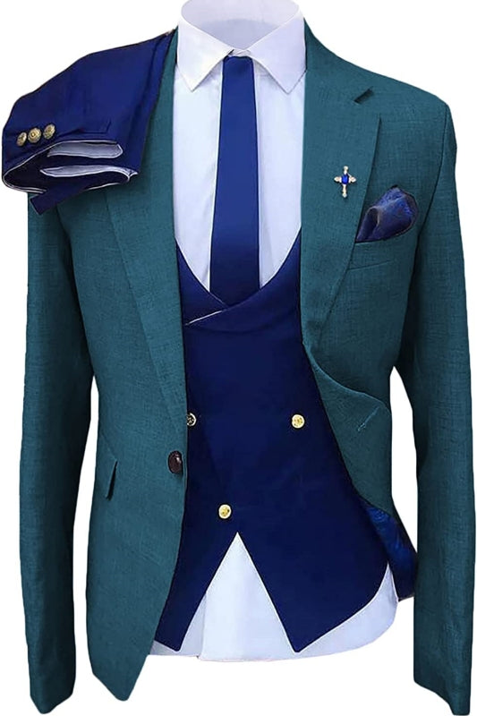 Teal Blue Three Piece Notched Lapel Prom Suit