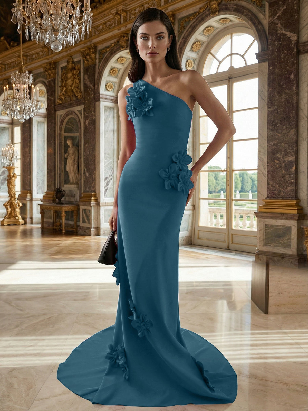 A-Line One-Shoulder Sleeveless Floor-Length Stretch Crepe Dress With 3D Flowers