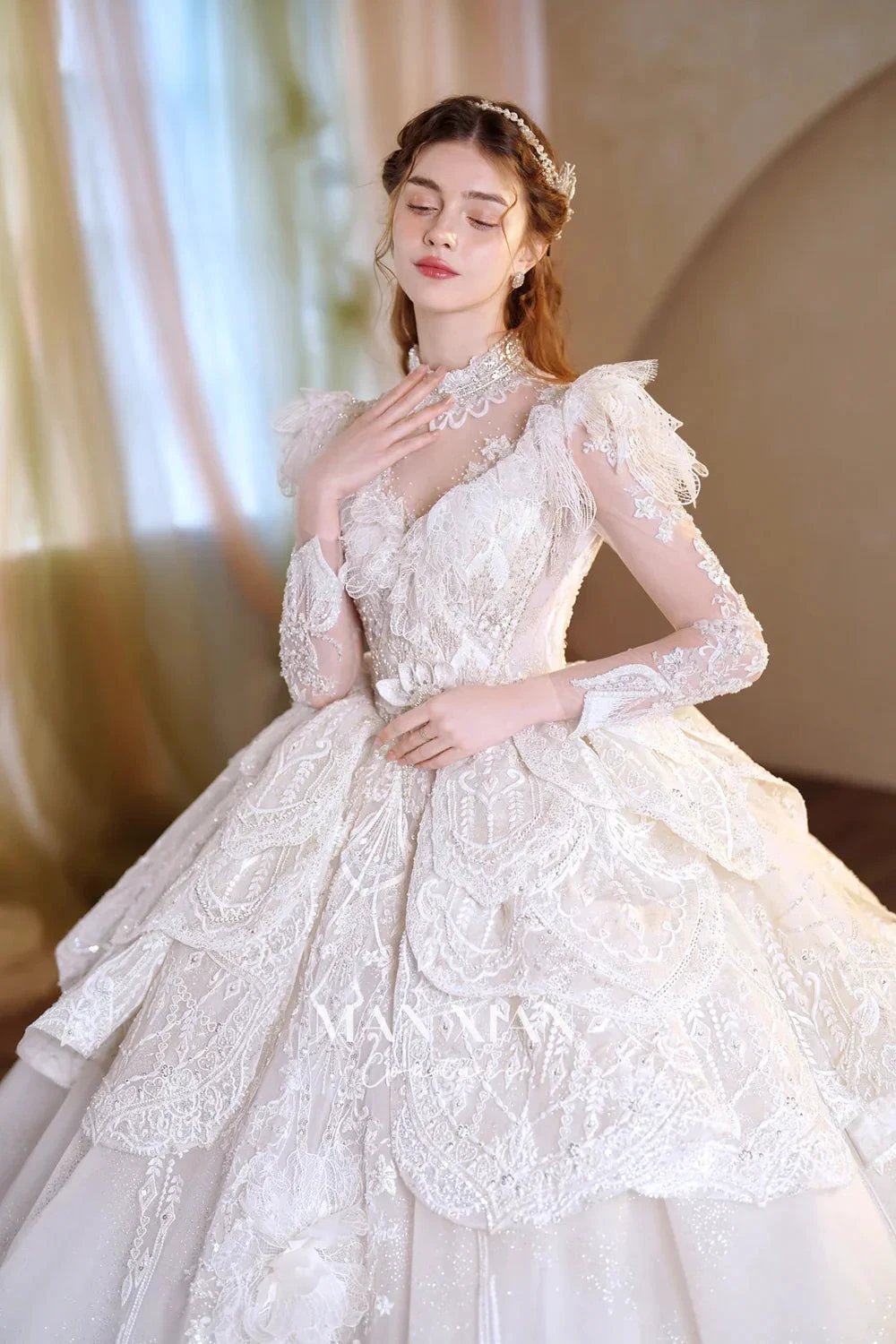 Regal Ivory High-Neck Lace Ball Gown with Sheer Sleeves, Ruffled Details & Crystal Embroidery (ZD16937)