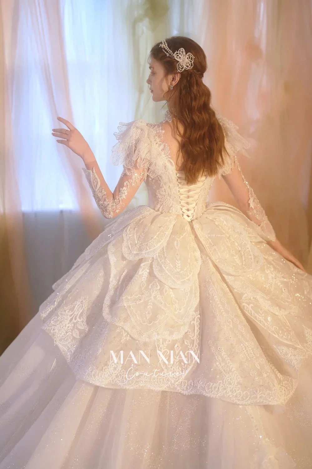 Regal Ivory High-Neck Lace Ball Gown with Sheer Sleeves, Ruffled Details & Crystal Embroidery (ZD16937)