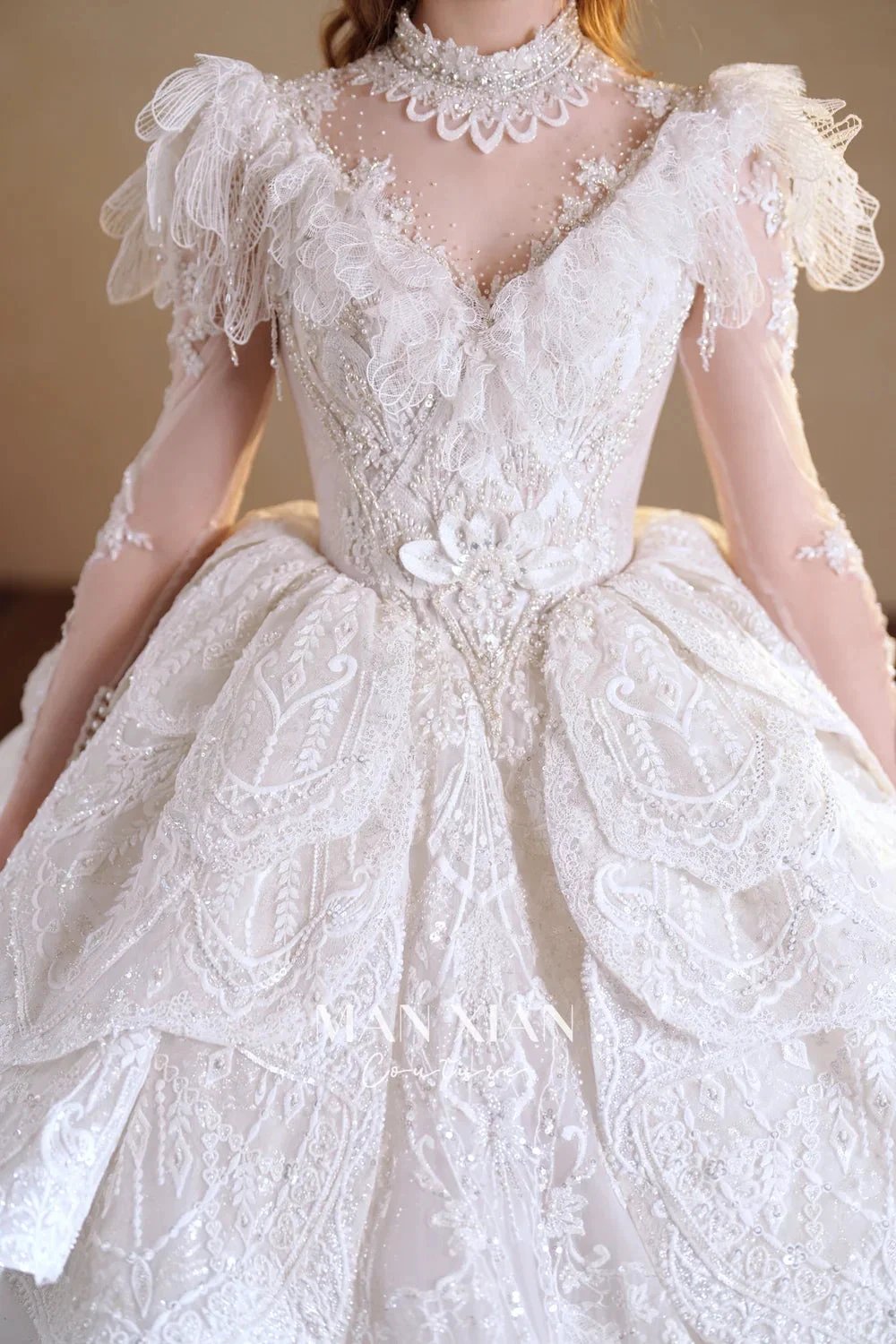 Regal Ivory High-Neck Lace Ball Gown with Sheer Sleeves, Ruffled Details & Crystal Embroidery (ZD16937)