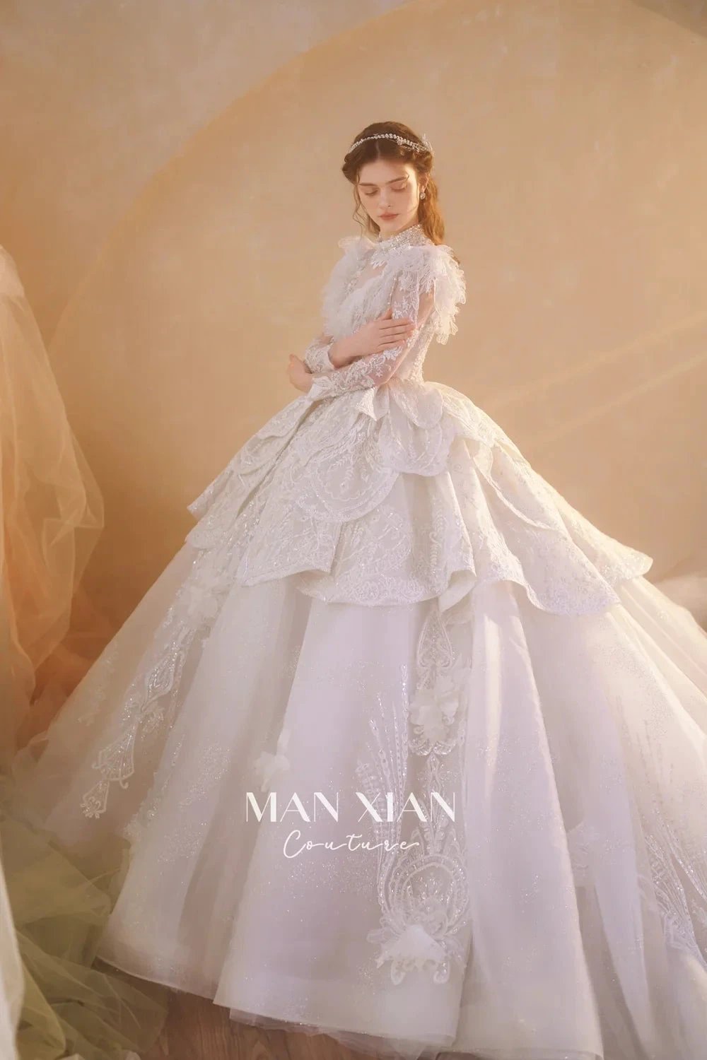 Regal Ivory High-Neck Lace Ball Gown with Sheer Sleeves, Ruffled Details & Crystal Embroidery (ZD16937) - View 8 | VelvetHem