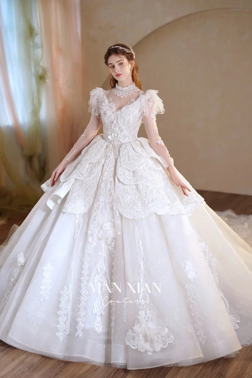 Regal Ivory High-Neck Lace Ball Gown with Sheer Sleeves, Ruffled Details & Crystal Embroidery (ZD16937) - VelvetHem