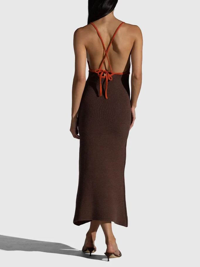 Knitted Suspender Halterneck V - Neck Backless Sexy Midi Dress