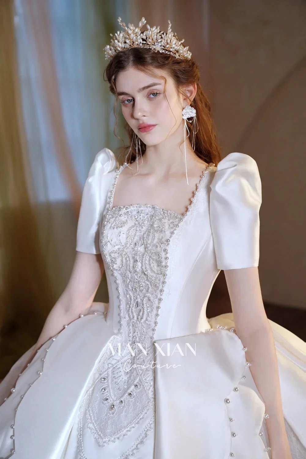 Regal Ivory Square-Neck Satin Ball Gown with Puff Sleeves, Pearl Embroidery & Oversized Bow Train m011 (ZD16938)