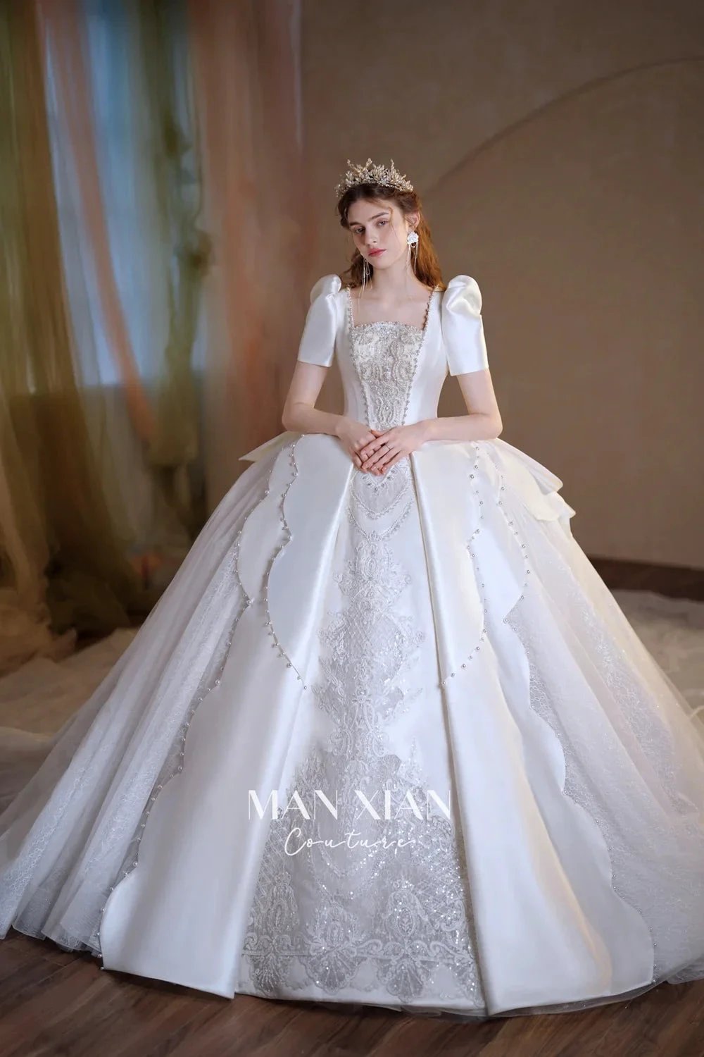 Regal Ivory Square-Neck Satin Ball Gown with Puff Sleeves, Pearl Embroidery & Oversized Bow Train m011 by ZAPDRESS