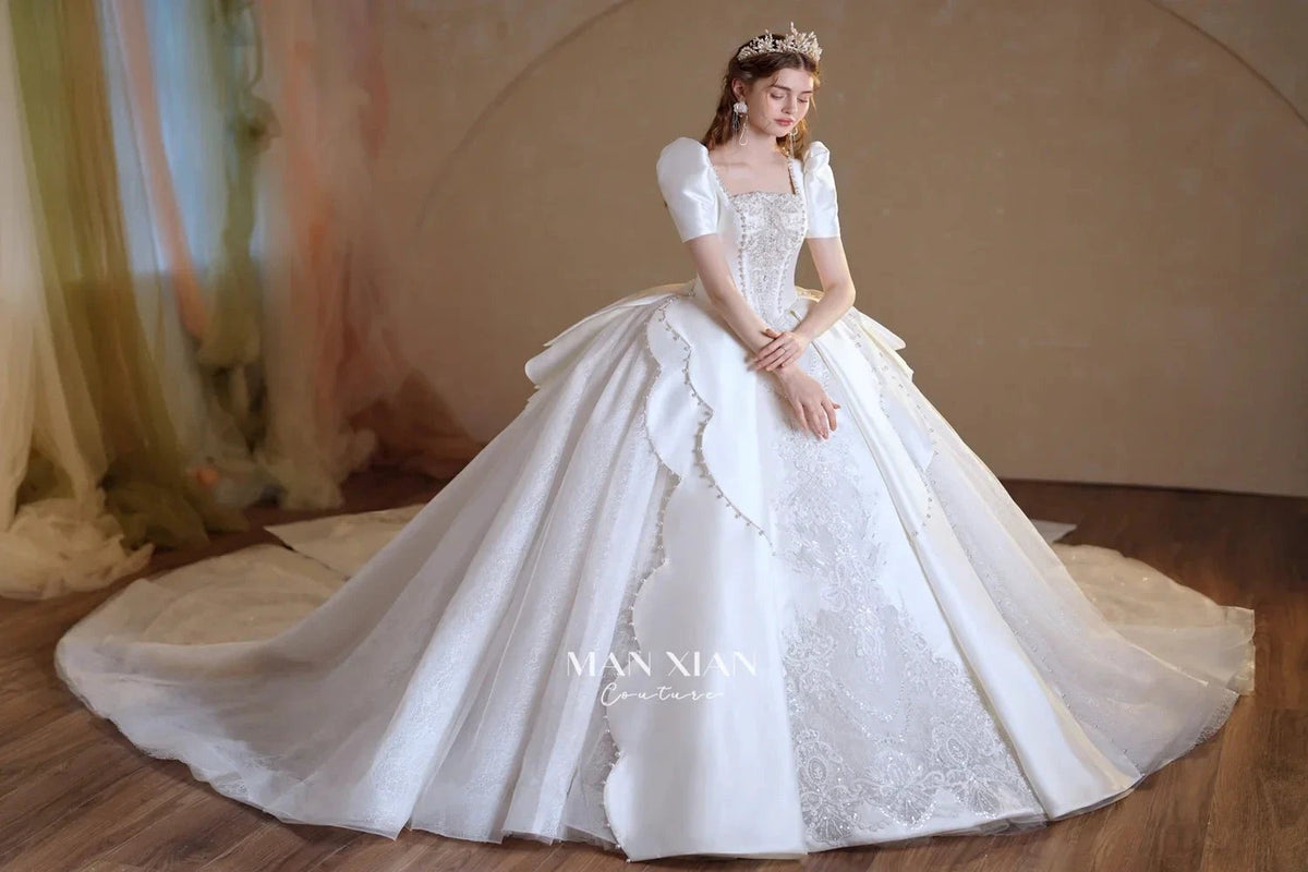 Regal Ivory Square-Neck Satin Ball Gown with Puff Sleeves, Pearl Embroidery & Oversized Bow Train m011 (ZD16938) - View 6 | VelvetHem