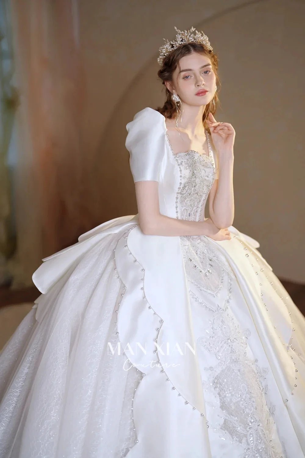 Regal Ivory Square-Neck Satin Ball Gown with Puff Sleeves, Pearl Embroidery & Oversized Bow Train m011 (ZD16938)