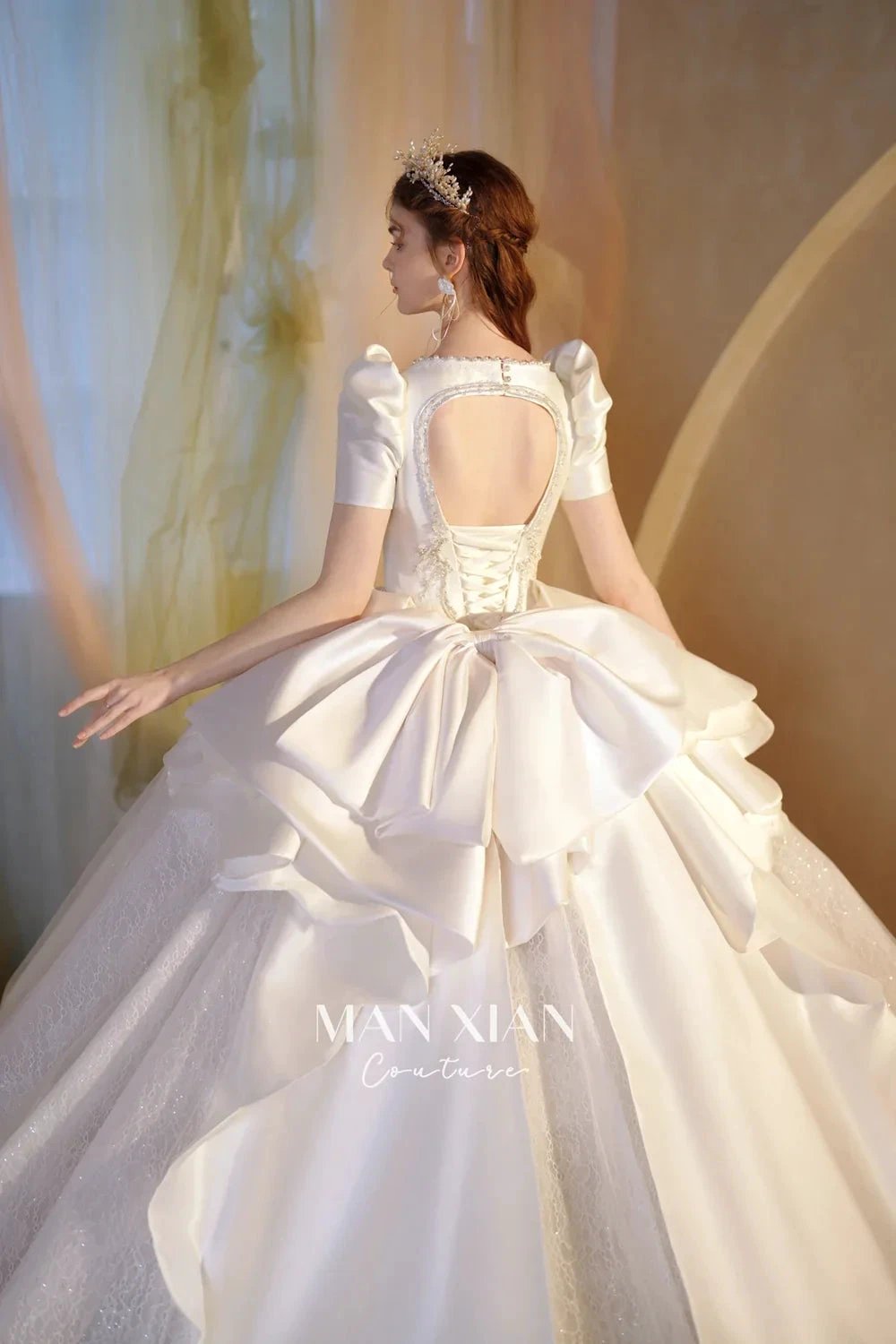 Regal Ivory Square-Neck Satin Ball Gown with Puff Sleeves, Pearl Embroidery & Oversized Bow Train m011 (ZD16938)